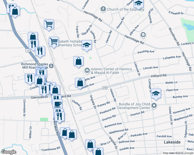 map of restaurants, bars, coffee shops, grocery stores, and more near 2913 Lafayette Avenue in Richmond
