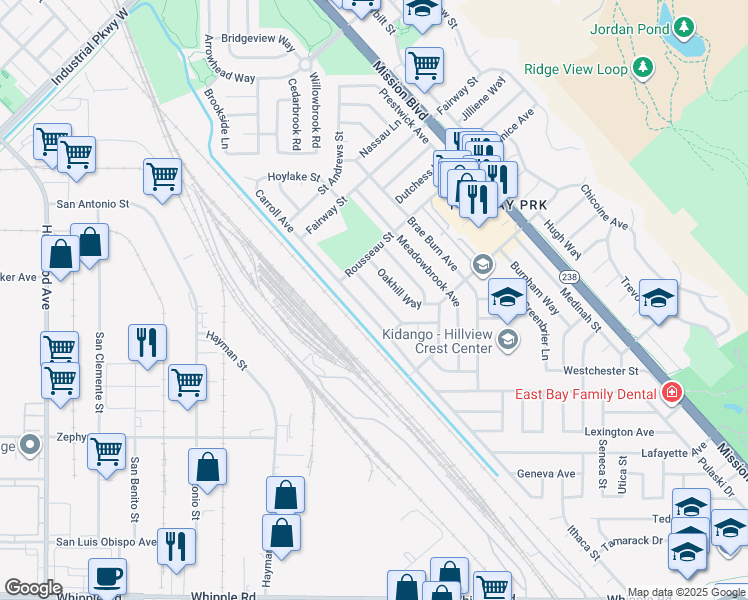 map of restaurants, bars, coffee shops, grocery stores, and more near 31151 Birkdale Way in Hayward