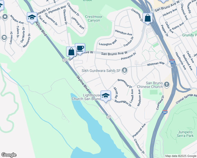 map of restaurants, bars, coffee shops, grocery stores, and more near 2641 Ridgeway Avenue in San Bruno