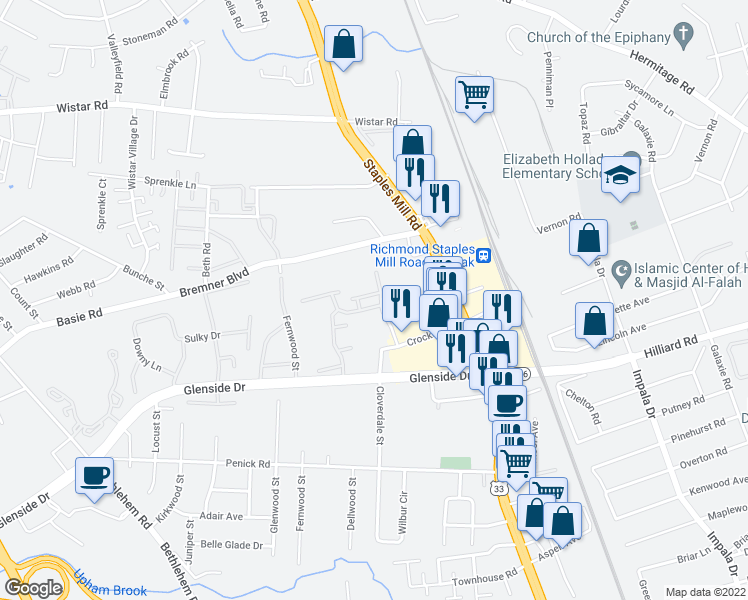 map of restaurants, bars, coffee shops, grocery stores, and more near 6903 Alder Grove Drive in Henrico