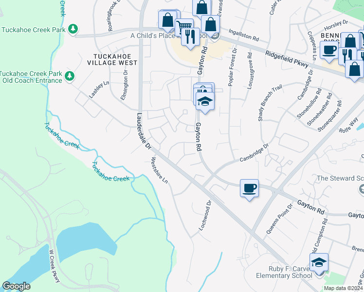 map of restaurants, bars, coffee shops, grocery stores, and more near 2229 Kingsbrook Drive in Henrico