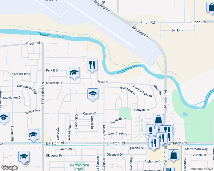 map of restaurants, bars, coffee shops, grocery stores, and more near 2605 Riverbend Drive in Modesto