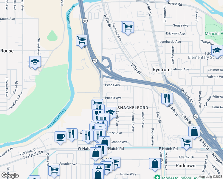 map of restaurants, bars, coffee shops, grocery stores, and more near 213 Pueblo Avenue in Modesto
