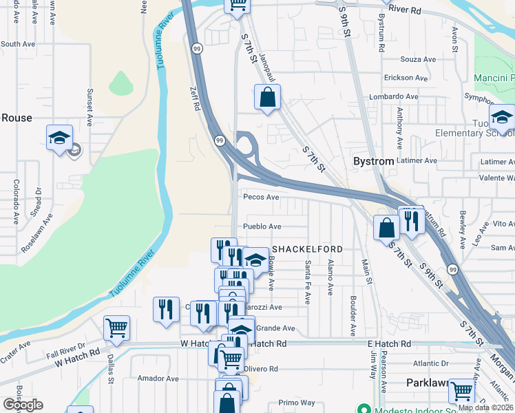 map of restaurants, bars, coffee shops, grocery stores, and more near 213 Pueblo Avenue in Modesto