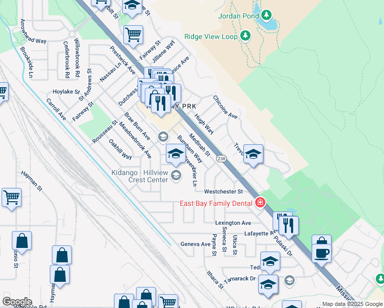 map of restaurants, bars, coffee shops, grocery stores, and more near 31573 Greenbrier Lane in Hayward