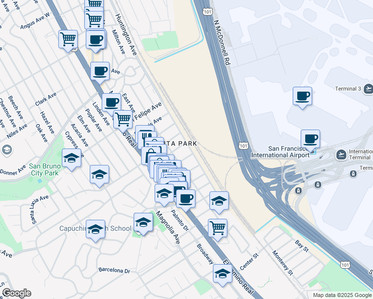 map of restaurants, bars, coffee shops, grocery stores, and more near 230 San Benito Avenue in San Bruno