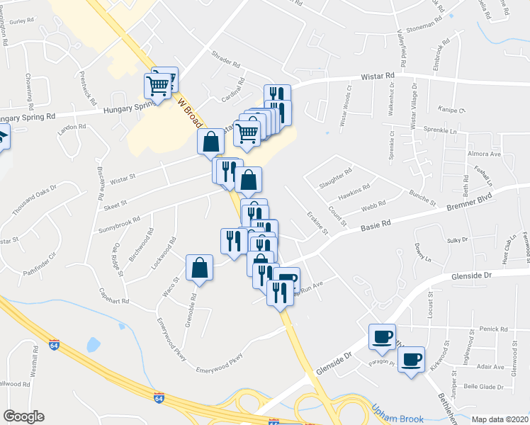 map of restaurants, bars, coffee shops, grocery stores, and more near 7256 West Broad Street in Richmond