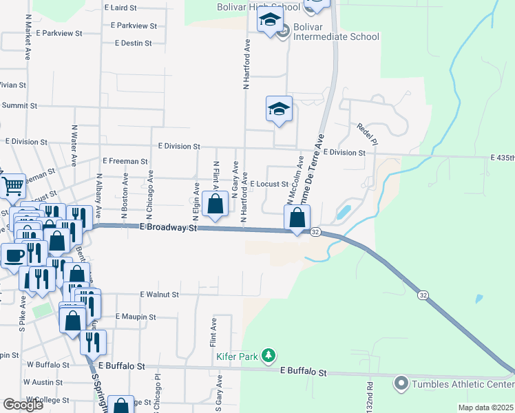 map of restaurants, bars, coffee shops, grocery stores, and more near 1343-1803 East Broadway Street in Bolivar