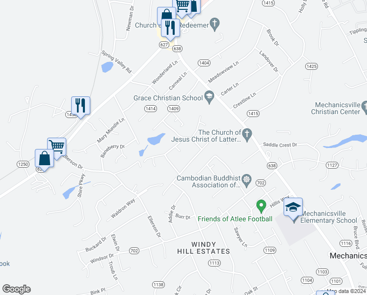 map of restaurants, bars, coffee shops, grocery stores, and more near 8262 Tangle Oaks Court in Mechanicsville