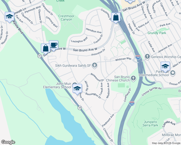 map of restaurants, bars, coffee shops, grocery stores, and more near 2440 Rosewood Drive in San Bruno
