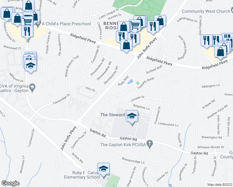 map of restaurants, bars, coffee shops, grocery stores, and more near 10724 Oceana Court in Henrico