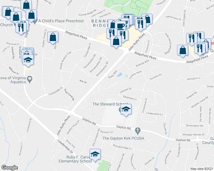 map of restaurants, bars, coffee shops, grocery stores, and more near 10724 Oceana Court in Henrico