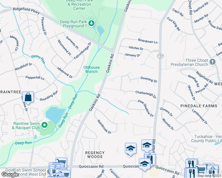 map of restaurants, bars, coffee shops, grocery stores, and more near 9614 Peppertree Drive in Henrico