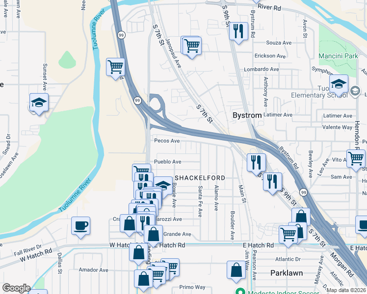 map of restaurants, bars, coffee shops, grocery stores, and more near 55 Lita Court in Modesto