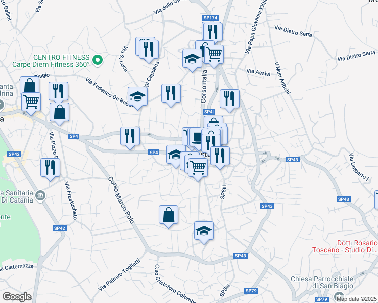 map of restaurants, bars, coffee shops, grocery stores, and more near 45 Piazza Aldo Moro in Trecastagni