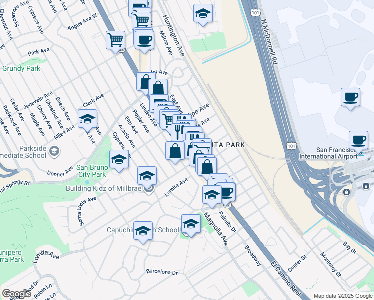 map of restaurants, bars, coffee shops, grocery stores, and more near El Camino Real & W San Marco Ave in San Bruno