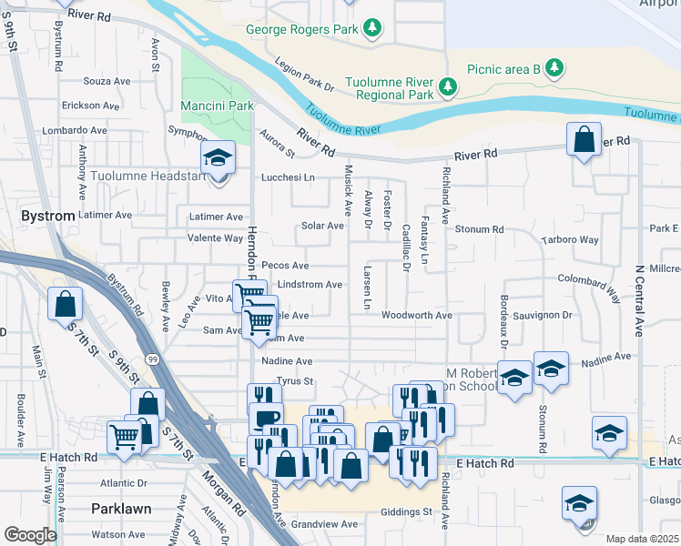 map of restaurants, bars, coffee shops, grocery stores, and more near 824 Musick Avenue in Modesto