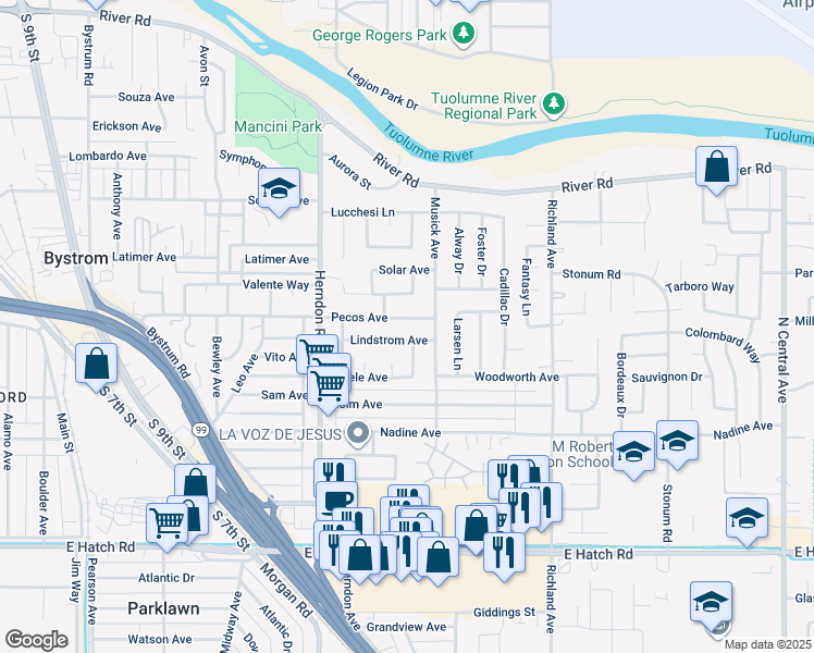 map of restaurants, bars, coffee shops, grocery stores, and more near 1412 Orlando Drive in Modesto