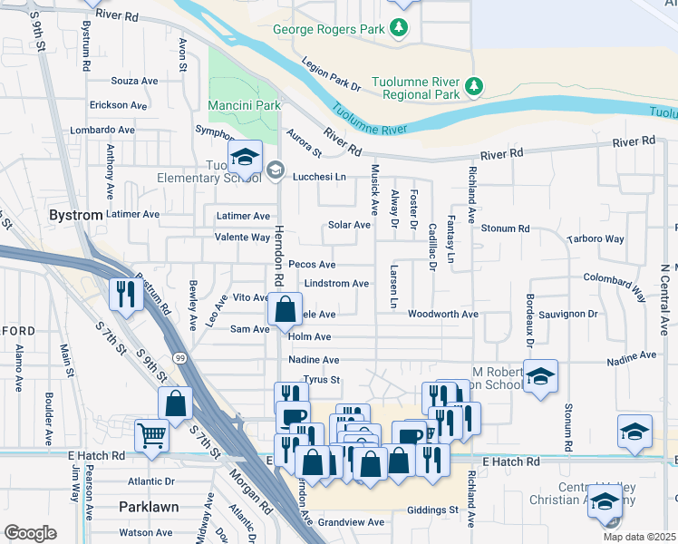 map of restaurants, bars, coffee shops, grocery stores, and more near 1412 Orlando Drive in Modesto