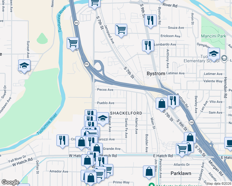 map of restaurants, bars, coffee shops, grocery stores, and more near 55 Lita Court in Modesto