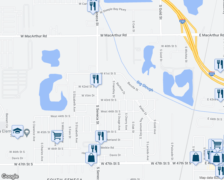map of restaurants, bars, coffee shops, grocery stores, and more near 4301 South Handley Street in Wichita