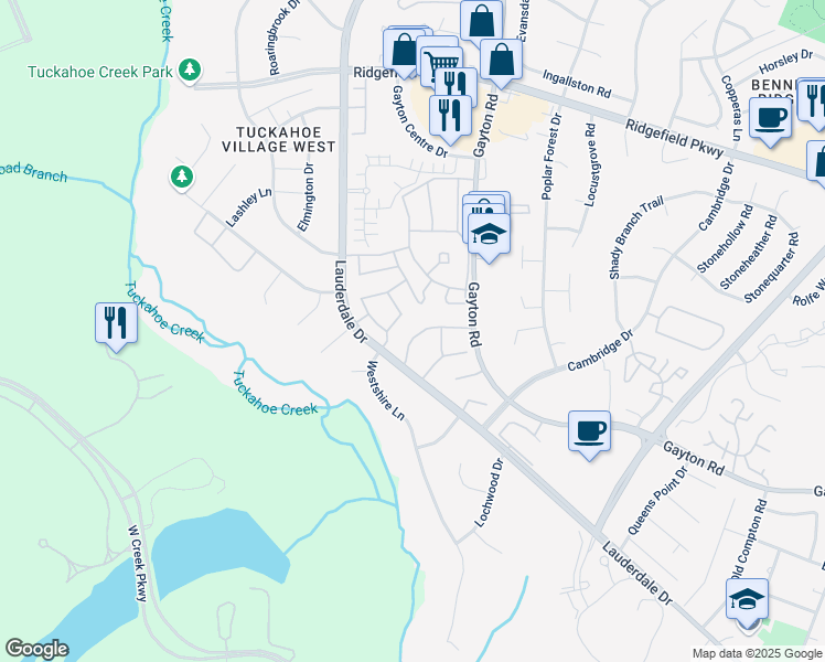 map of restaurants, bars, coffee shops, grocery stores, and more near 2198 Kingsbrook Drive in Richmond