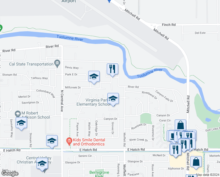 map of restaurants, bars, coffee shops, grocery stores, and more near 887 Rolling Oak Court in Modesto