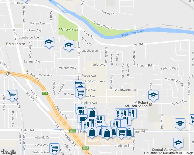 map of restaurants, bars, coffee shops, grocery stores, and more near 1408 Pecos Avenue in Modesto