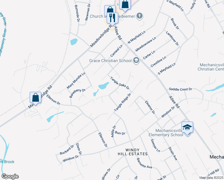 map of restaurants, bars, coffee shops, grocery stores, and more near 8276 Tangle Pond Lane in Mechanicsville