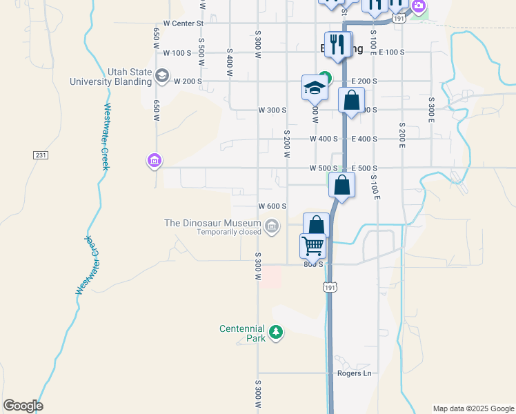 map of restaurants, bars, coffee shops, grocery stores, and more near 600 South 300 West in Blanding