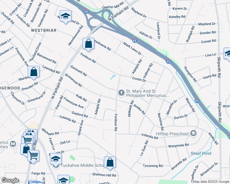 map of restaurants, bars, coffee shops, grocery stores, and more near 8201 Gwinnett Road in Richmond