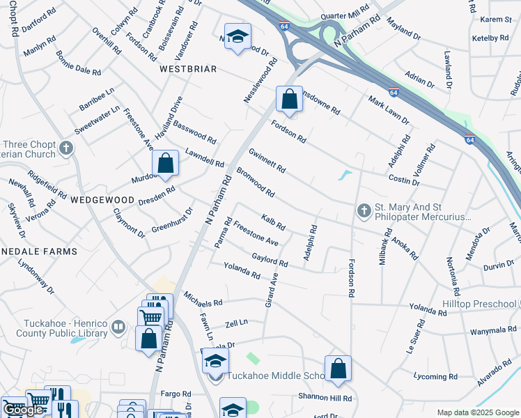 map of restaurants, bars, coffee shops, grocery stores, and more near 8414 Kalb Road in Richmond