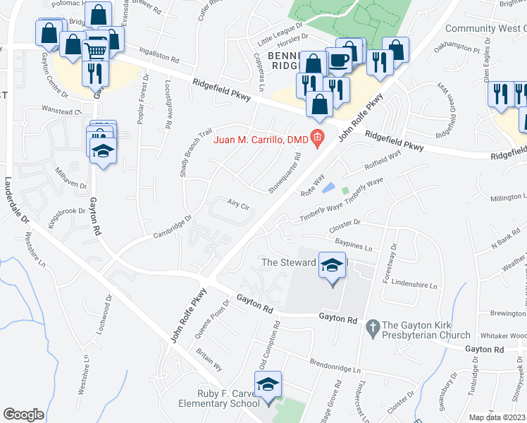 map of restaurants, bars, coffee shops, grocery stores, and more near 2001 Airy Circle in Richmond