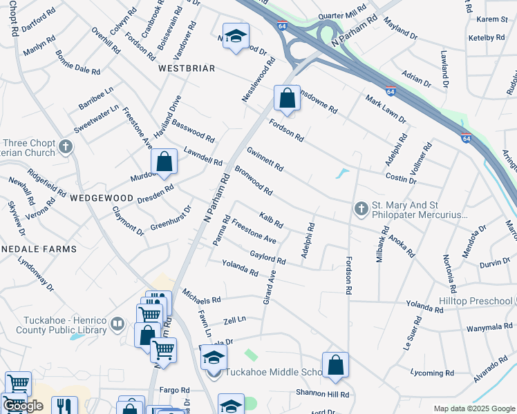 map of restaurants, bars, coffee shops, grocery stores, and more near 8414 Kalb Road in Richmond