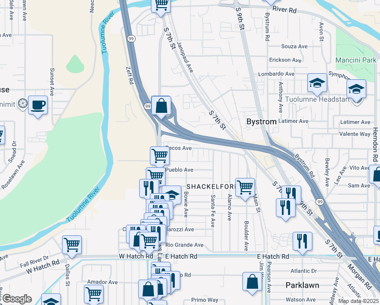 map of restaurants, bars, coffee shops, grocery stores, and more near 215 Pecos Avenue in Modesto