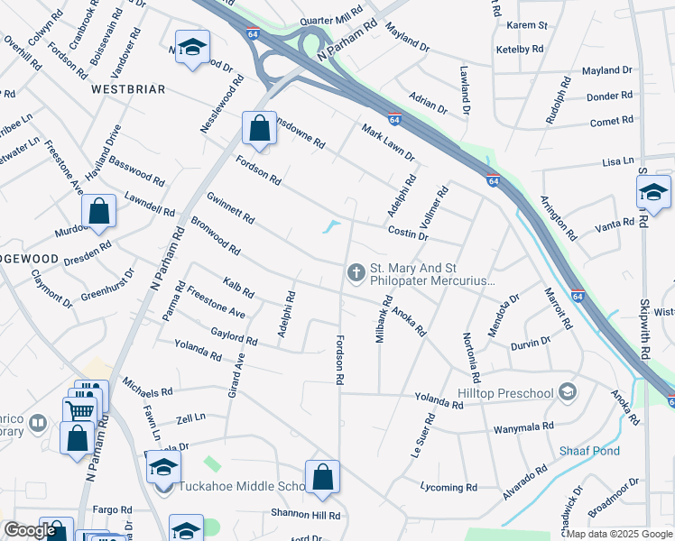 map of restaurants, bars, coffee shops, grocery stores, and more near 8201 Gwinnett Road in Richmond