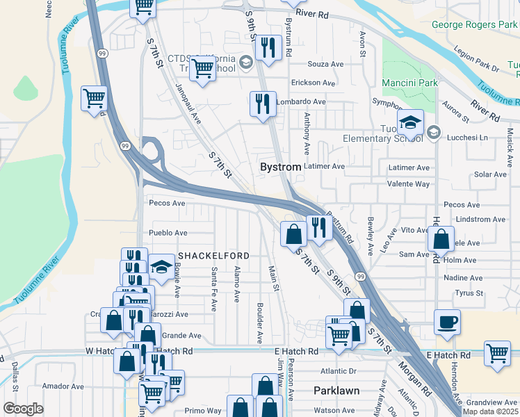map of restaurants, bars, coffee shops, grocery stores, and more near 971 South 7th Street in Modesto