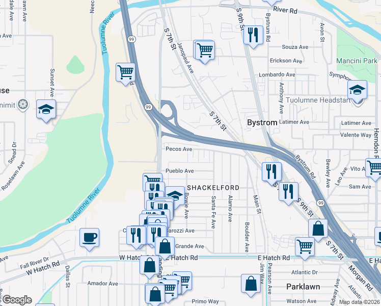 map of restaurants, bars, coffee shops, grocery stores, and more near 215 Pecos Avenue in Modesto