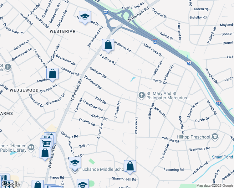 map of restaurants, bars, coffee shops, grocery stores, and more near 8302 Bronwood Road in Richmond