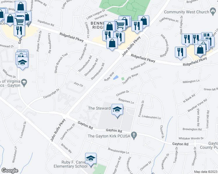 map of restaurants, bars, coffee shops, grocery stores, and more near 10700 Oceana Court in Richmond