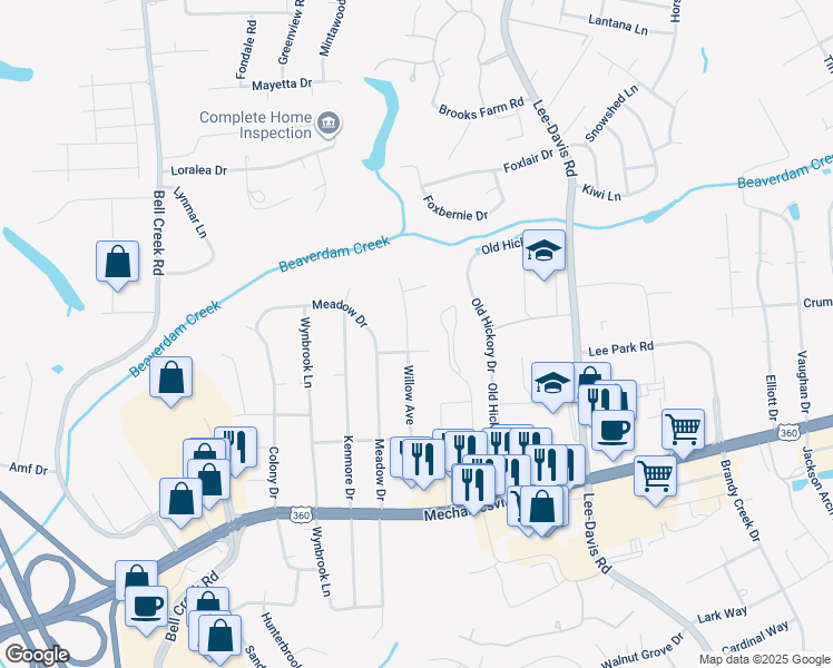 map of restaurants, bars, coffee shops, grocery stores, and more near 8002 Willow Avenue in Mechanicsville