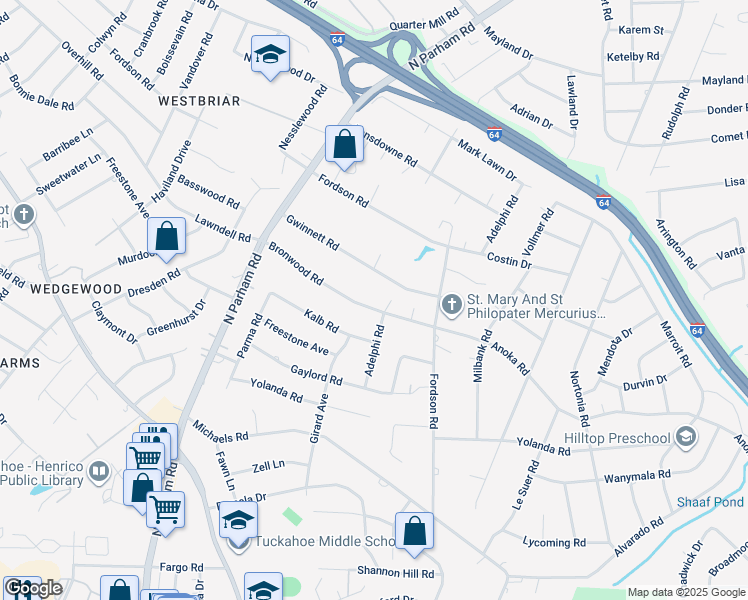 map of restaurants, bars, coffee shops, grocery stores, and more near 8302 Bronwood Road in Richmond