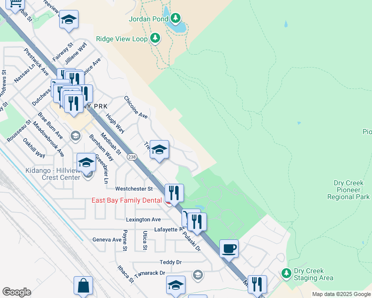 map of restaurants, bars, coffee shops, grocery stores, and more near 32072 Chicoine Avenue in Hayward