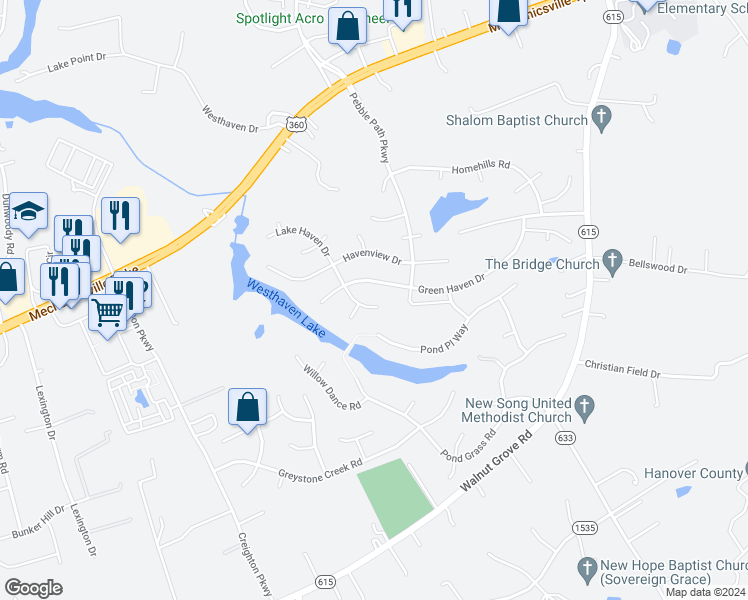 map of restaurants, bars, coffee shops, grocery stores, and more near 8004 Lake Haven Drive in Mechanicsville