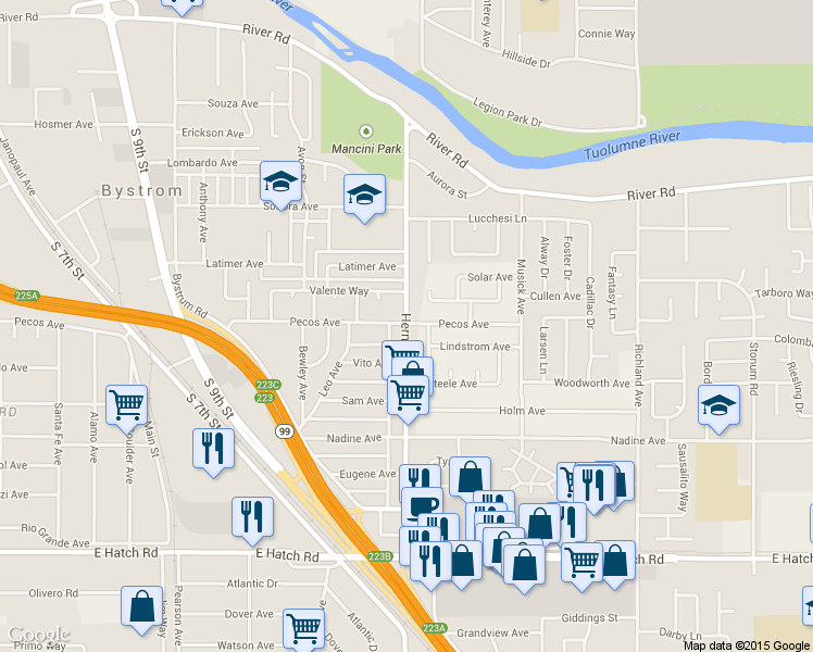 map of restaurants, bars, coffee shops, grocery stores, and more near 840 Herndon Road in Modesto