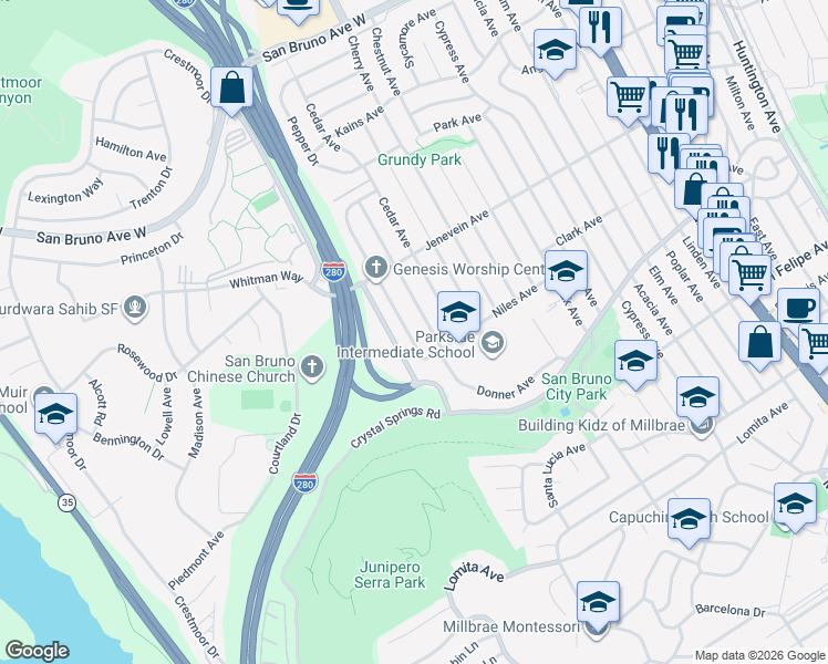 map of restaurants, bars, coffee shops, grocery stores, and more near 426 Hawthorne Avenue in San Bruno