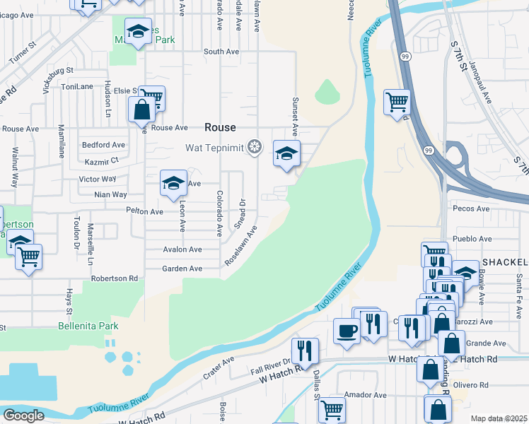 map of restaurants, bars, coffee shops, grocery stores, and more near 929 Roselawn Avenue in Modesto