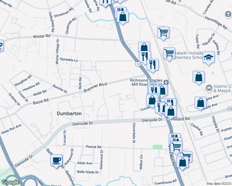 map of restaurants, bars, coffee shops, grocery stores, and more near 4110 Birch Point Court in Henrico