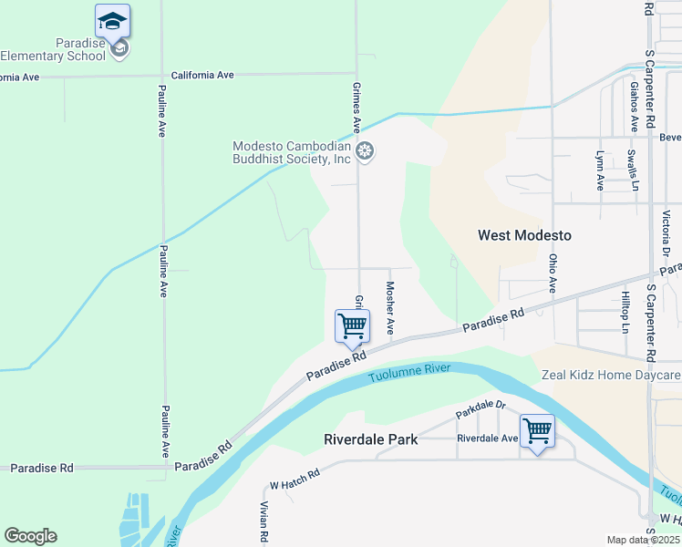 map of restaurants, bars, coffee shops, grocery stores, and more near 1701 Grimes Avenue in Modesto