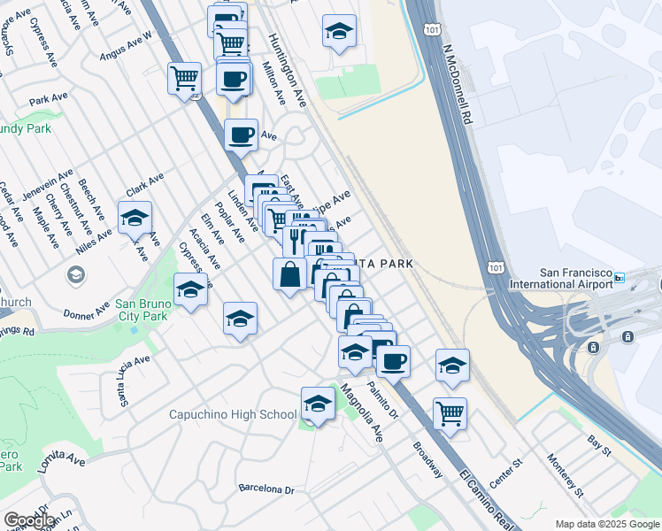 map of restaurants, bars, coffee shops, grocery stores, and more near 140 San Marco Avenue in San Bruno